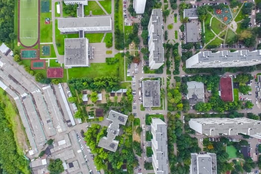 Top view of the city of Moscow, buildings and roads and other infrastructure of the city. Cityscape view from above.