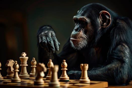 A monkey thinking his move on chess board. An ape playing chess,  evolution and intellect . AI generated