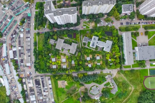 Top view of the city of Moscow, buildings and roads and other infrastructure of the city. Cityscape view from above.
