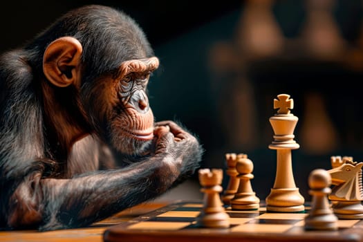 A monkey thinking his move on chess board. An ape playing chess,  evolution and intellect .  AI generated