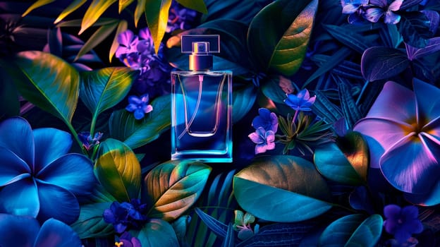 Bottle of perfume with tropical flowers and plants. Idea of sweet pure smell of flowers.  AI generated