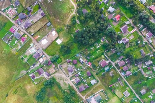 Top view of the village, fields and forests near the village