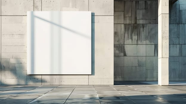 Brutalist architecture with white poster mockup on a grey building wall. AI generated