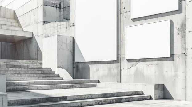 Brutalist architecture with blank poster mockups on a grey building wall. AI generated