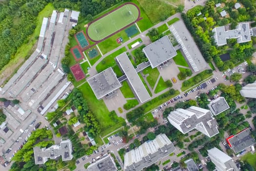 Top view of the city of Moscow, buildings and roads and other infrastructure of the city. Cityscape view from above.