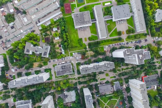 Top view of the city of Moscow, buildings and roads and other infrastructure of the city. Cityscape view from above.