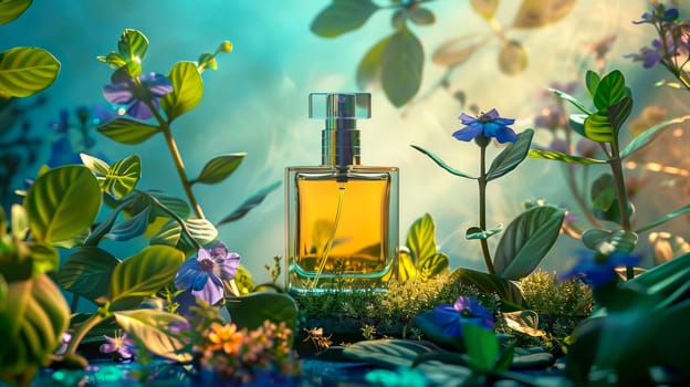 Bottle of perfume with tropical flowers and plants. Idea of sweet pure smell of flowers.  AI generated