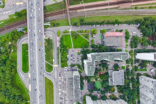 Top view of the city of Moscow, buildings and roads and other infrastructure of the city. Cityscape view from above.