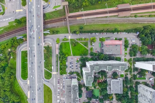 Top view of the city of Moscow, buildings and roads and other infrastructure of the city. Cityscape view from above.