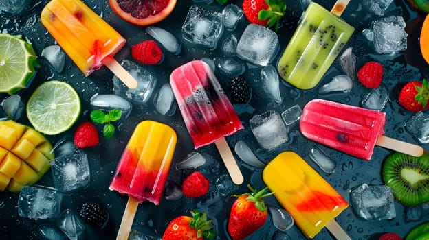 Ice cream popsicles on a stone background with ice cubes, fruits and berries. Flat lay. AI generated