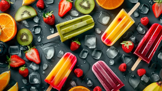 Ice cream popsicles on a stone background with ice cubes, fruits and berries. AI generated