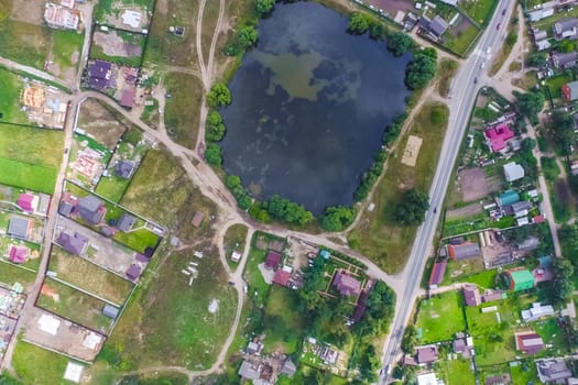 Top view of the village, fields and forests near the village
