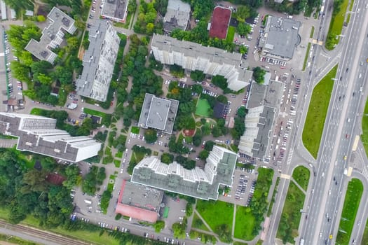 Top view of the city of Moscow, buildings and roads and other infrastructure of the city. Cityscape view from above.