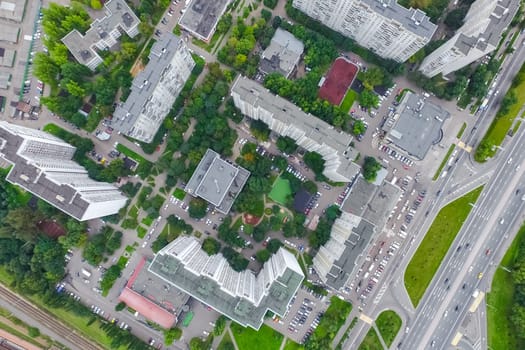 Top view of the city of Moscow, buildings and roads and other infrastructure of the city. Cityscape view from above.
