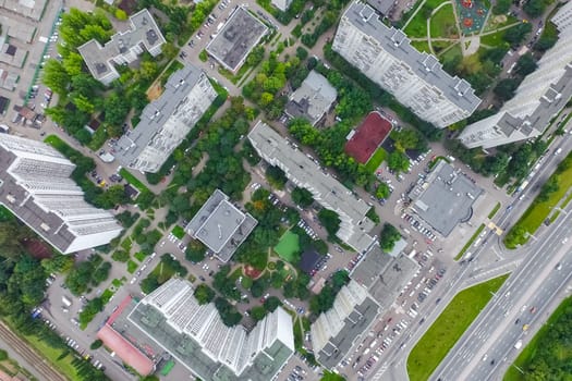 Top view of the city of Moscow, buildings and roads and other infrastructure of the city. Cityscape view from above.