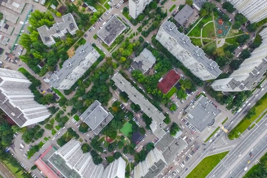 Top view of the city of Moscow, buildings and roads and other infrastructure of the city. Cityscape view from above.