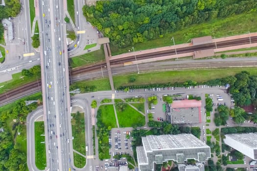Top view of the city of Moscow, buildings and roads and other infrastructure of the city. Cityscape view from above.