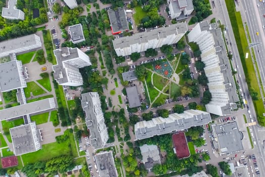 Top view of the city of Moscow, buildings and roads and other infrastructure of the city. Cityscape view from above.
