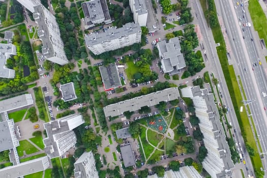 Top view of the city of Moscow, buildings and roads and other infrastructure of the city. Cityscape view from above.