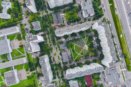 Top view of the city of Moscow, buildings and roads and other infrastructure of the city. Cityscape view from above.