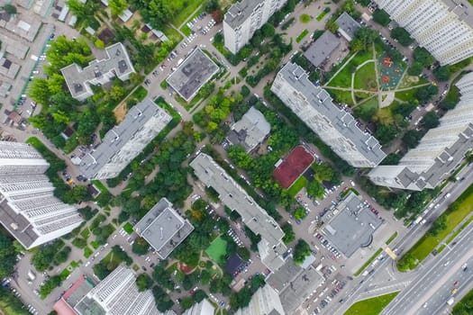 Top view of the city of Moscow, buildings and roads and other infrastructure of the city. Cityscape view from above.