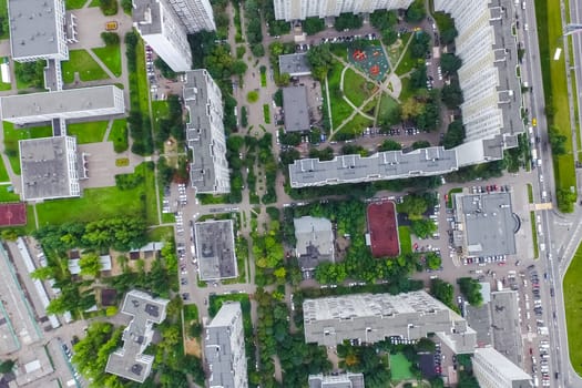 Top view of the city of Moscow, buildings and roads and other infrastructure of the city. Cityscape view from above.