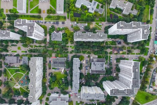 Top view of the city of Moscow, buildings and roads and other infrastructure of the city. Cityscape view from above.