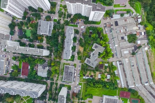 Top view of the city of Moscow, buildings and roads and other infrastructure of the city. Cityscape view from above.