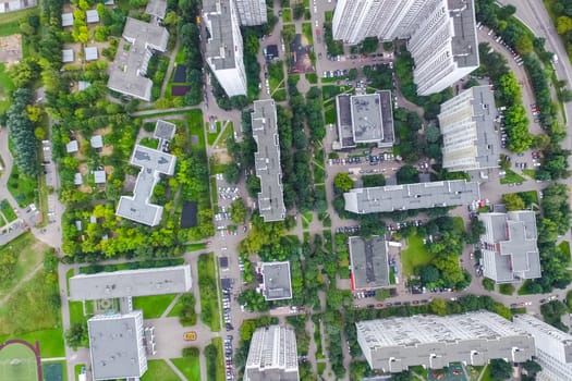 Top view of the city of Moscow, buildings and roads and other infrastructure of the city. Cityscape view from above.