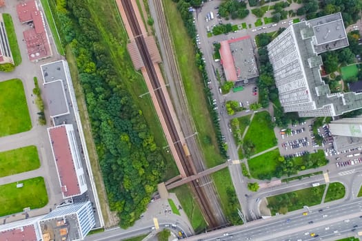 Top view of the city of Moscow, buildings and roads and other infrastructure of the city. Cityscape view from above.