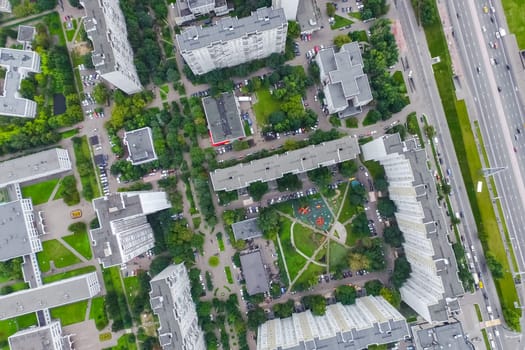 Top view of the city of Moscow, buildings and roads and other infrastructure of the city. Cityscape view from above.