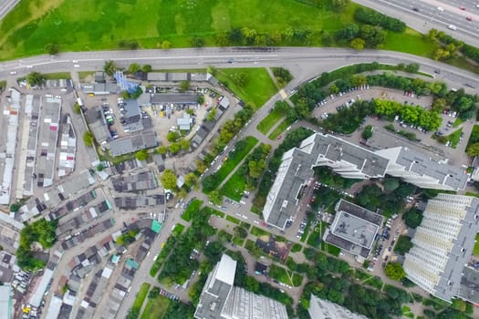 Top view of the city of Moscow, buildings and roads and other infrastructure of the city. Cityscape view from above.