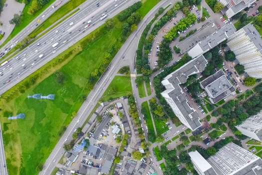 Top view of the city of Moscow, buildings and roads and other infrastructure of the city. Cityscape view from above.