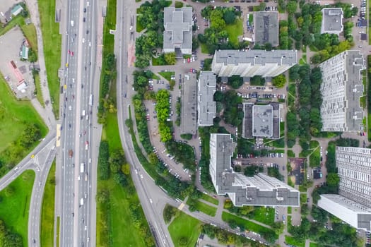 Top view of the city of Moscow, buildings and roads and other infrastructure of the city. Cityscape view from above.