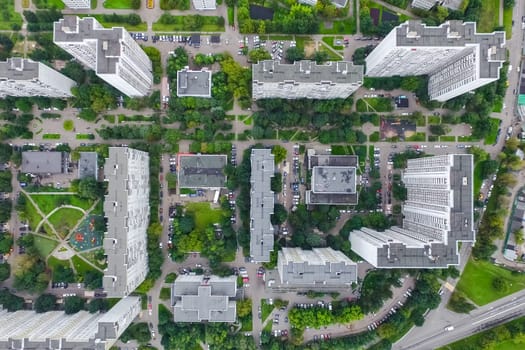 Top view of the city of Moscow, buildings and roads and other infrastructure of the city. Cityscape view from above.
