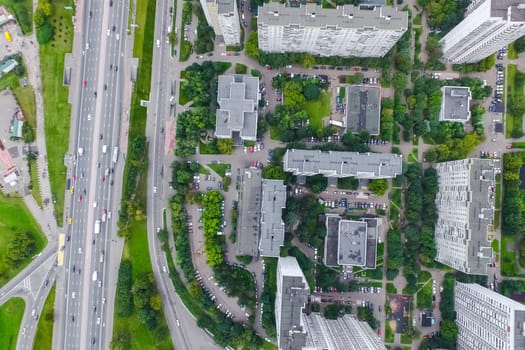 Top view of the city of Moscow, buildings and roads and other infrastructure of the city. Cityscape view from above.