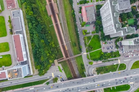 Top view of the city of Moscow, buildings and roads and other infrastructure of the city. Cityscape view from above.