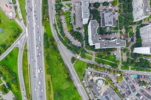 Top view of the city of Moscow, buildings and roads and other infrastructure of the city. Cityscape view from above.