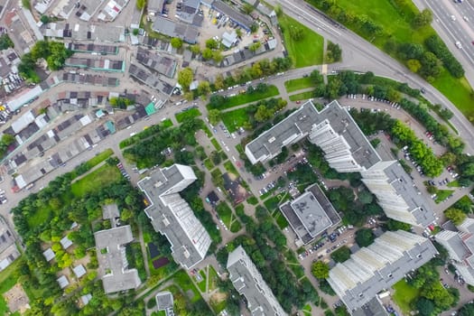 Top view of the city of Moscow, buildings and roads and other infrastructure of the city. Cityscape view from above.