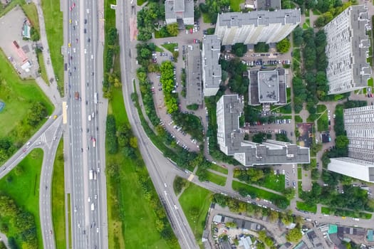Top view of the city of Moscow, buildings and roads and other infrastructure of the city. Cityscape view from above.