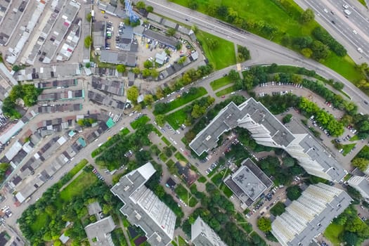Top view of the city of Moscow, buildings and roads and other infrastructure of the city. Cityscape view from above.