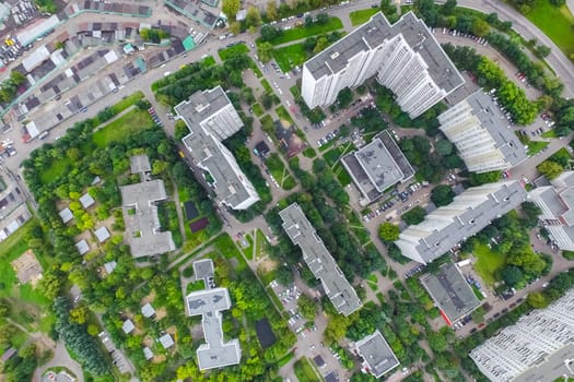 Top view of the city of Moscow, buildings and roads and other infrastructure of the city. Cityscape view from above.