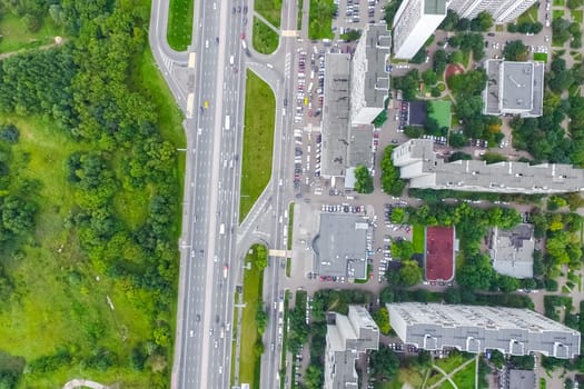 Top view of the city of Moscow, buildings and roads and other infrastructure of the city. Cityscape view from above.
