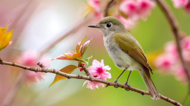 An olive flycatcher bird perched on a spring blossom tree branch. AI generated