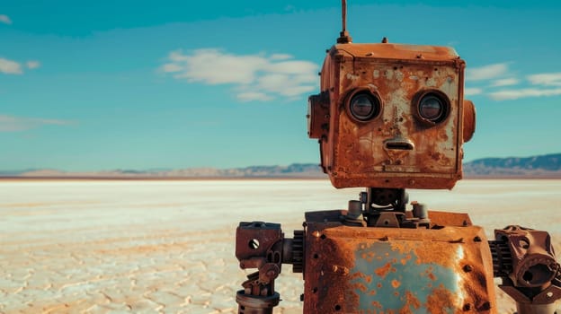 Lonely rusty robot made from old parts, standing on a desert. AI generated