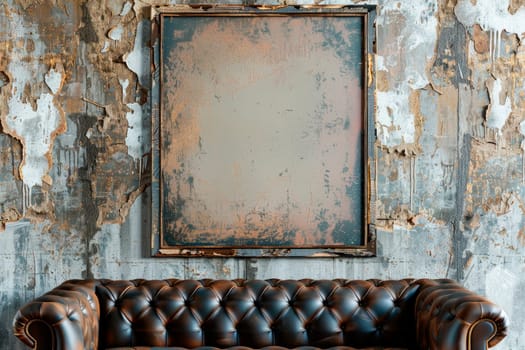 Old abandoned room with leather couch and blank picture frame hanging on a dirty wall . Copy space. AI generated