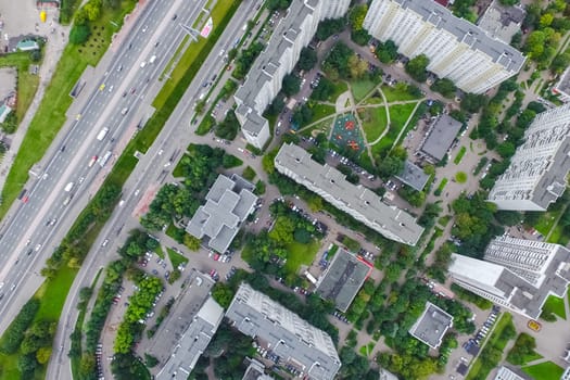 Top view of the city of Moscow, buildings and roads and other infrastructure of the city. Cityscape view from above.