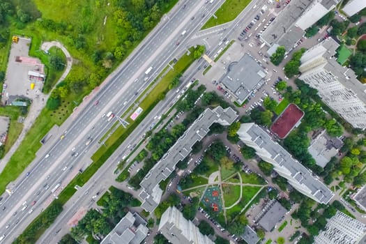 Top view of the city of Moscow, buildings and roads and other infrastructure of the city. Cityscape view from above.