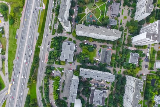 Top view of the city of Moscow, buildings and roads and other infrastructure of the city. Cityscape view from above.