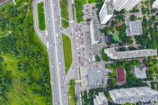 Top view of the city of Moscow, buildings and roads and other infrastructure of the city. Cityscape view from above.